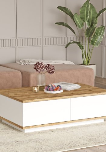 NORDVRK Fr14 salongbord, m. 2 drer - Atlantic Pine og hvit melamin (90x60)