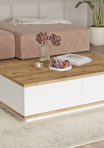 NORDVRK Fr14 salongbord, m. 2 drer - Atlantic Pine og hvit melamin (90x60)