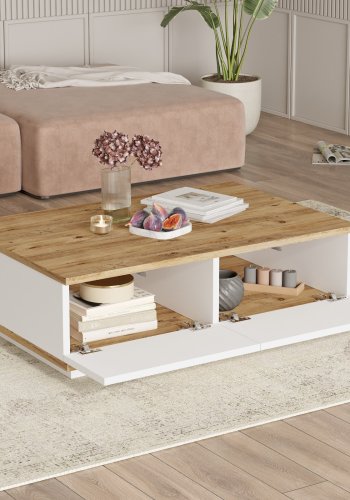 NORDVRK Fr14 salongbord, m. 2 drer - Atlantic Pine og hvit melamin (90x60)