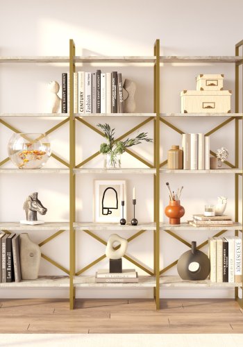 FUNZI LIVING VG6 Bücherregal - weißes Marmormuster und goldenes Melamin, Metall