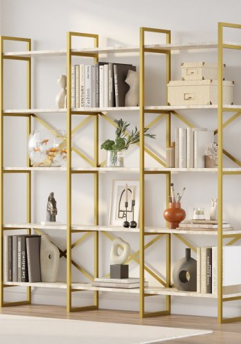 FUNZI LIVING VG6 Bücherregal - weißes Marmormuster und goldenes Melamin, Metall