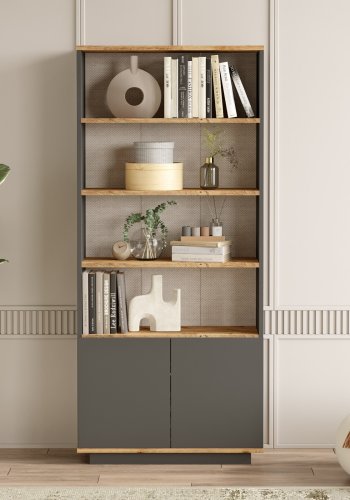 FUNZI LIVING FR16-AA bokhylle, med 4 hyller og 2 drer - antrasittgr og naturlig melamin