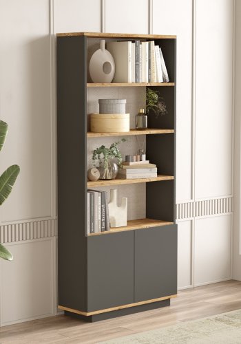 FUNZI LIVING FR16-AA bokhylle, med 4 hyller og 2 drer - antrasittgr og naturlig melamin