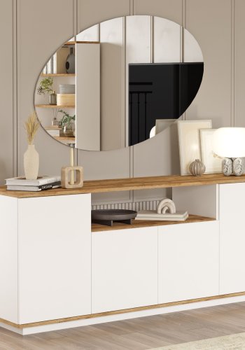 NORDVRK Fr15 konsollbord, m. 4 drer og 3 hyller - Atlantic Pine og hvit melamin (180x44,5)