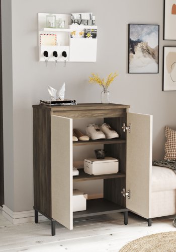 FUNZI LIVING VE1 Multifunktionsschrank, m. 2 Türen und 2 Regale - braunes und anthrazitgraues Melamin und Metall