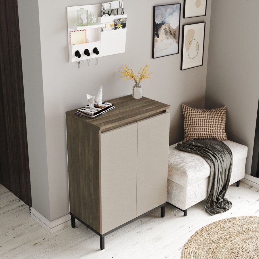 FUNZI LIVING VE1 Multifunktionsschrank, m. 2 Türen und 2 Regale - braunes und anthrazitgraues Melamin und Metall