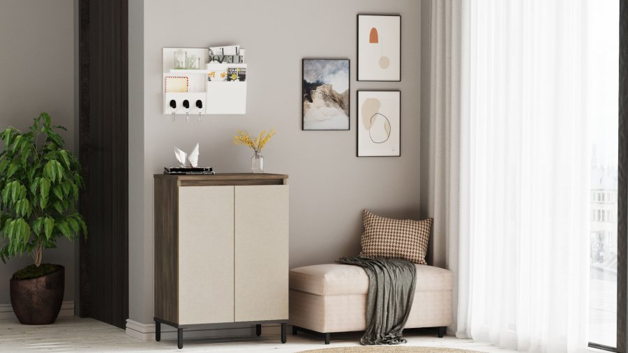 FUNZI LIVING VE1 Multifunktionsschrank, m. 2 Türen und 2 Regale - braunes und anthrazitgraues Melamin und Metall