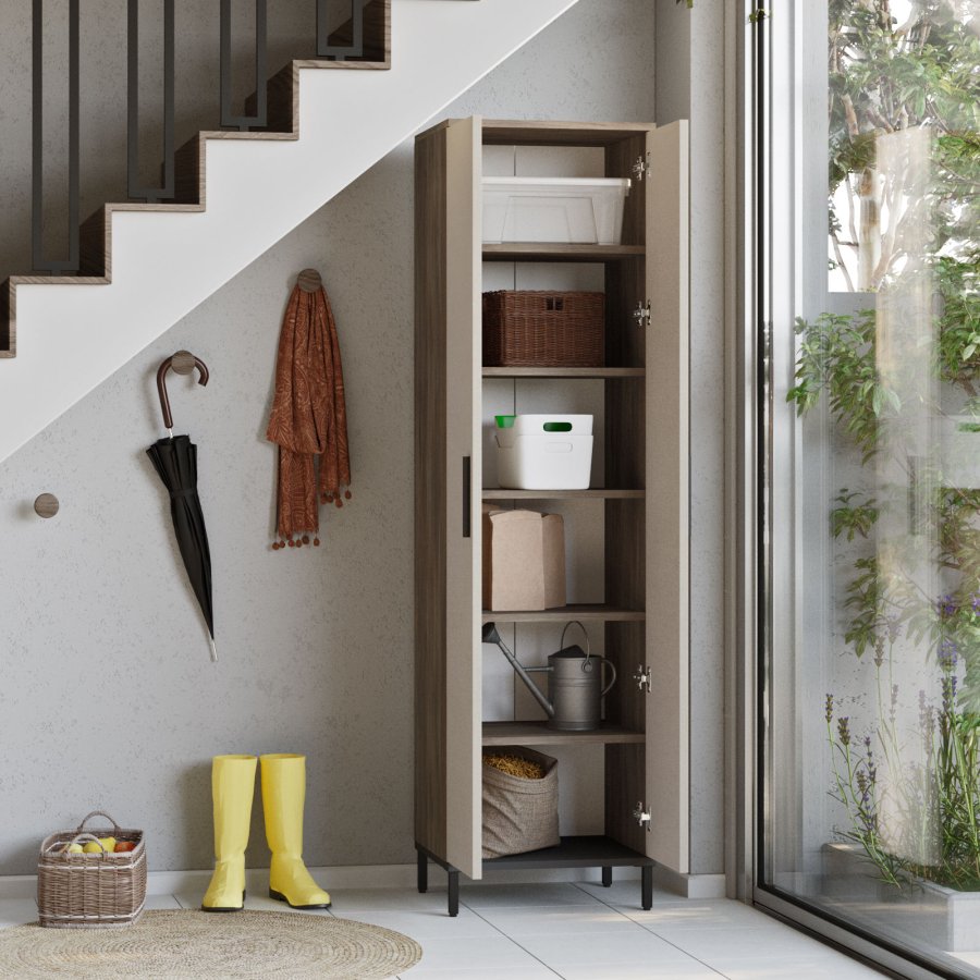 FUNZI LIVING VE4 Multifunktionsschrank, m. 2 Türen und 5 Regale - braunes und anthrazitgraues Melamin und Metall