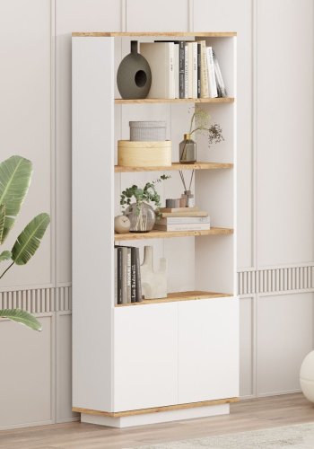 FUNZI LIVING Fr16 bokhylle, m. 2 drer og 4 hyller - hvit og Atlantic Pine melamin