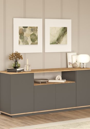 NORDVÄRK FR15-AA skjenk, med 4 drer, 2 hyller, 1 rom - antrasittgr og naturlig melamin