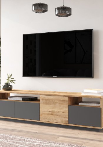 NORDVRK FR5 TV-bord, m. 4 drer og 2 hyller - naturlig og antrasittgr melamin (180x44,5)