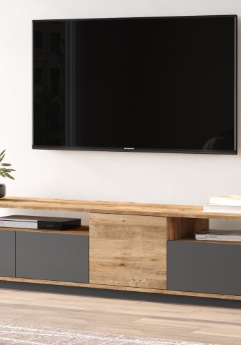 NORDVRK FR5 TV-bord, m. 4 drer og 2 hyller - naturlig og antrasittgr melamin (180x44,5)