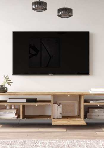 NORDVRK FR5 TV-bord, m. 4 drer og 2 hyller - naturlig og antrasittgr melamin (180x44,5)