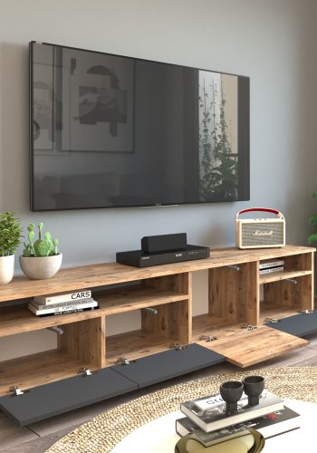 NORDVRK FR5 TV-bord, m. 4 drer og 2 hyller - naturlig og antrasittgr melamin (180x44,5)