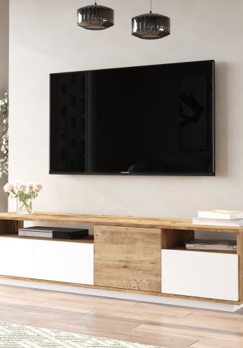 NORDVRK FR5 TV-bord, m. 4 drer og 2 hyller - naturlig og hvit melamin (180x44,5)