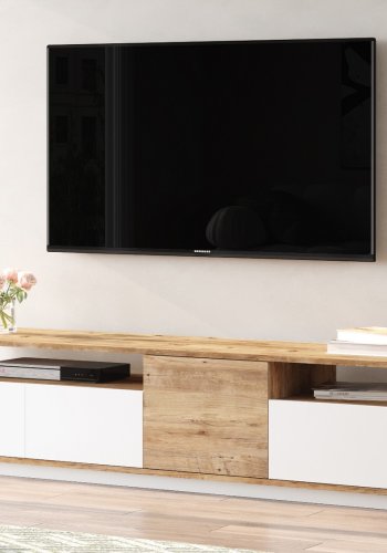 NORDVRK FR5 TV-bord, m. 4 drer og 2 hyller - naturlig og hvit melamin (180x44,5)