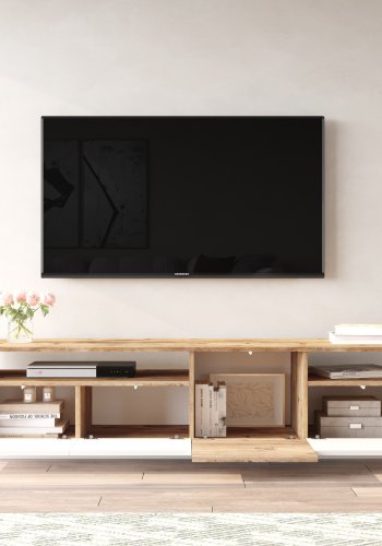 NORDVRK FR5 TV-bord, m. 4 drer og 2 hyller - naturlig og hvit melamin (180x44,5)