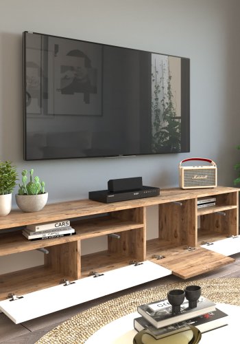 NORDVRK FR5 TV-bord, m. 4 drer og 2 hyller - naturlig og hvit melamin (180x44,5)