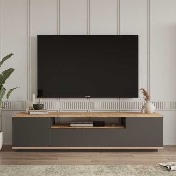 FR7 TV-bord, m. 3 l�ger og 1 hylde - natur og antracitgr� melamin (180x44,5)