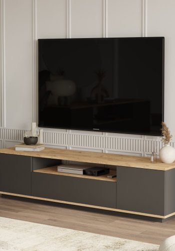 NORDVRK FR7 TV-bord, m. 3 drer og 1 hylle - naturlig og antrasittgr melamin (180x44,5)