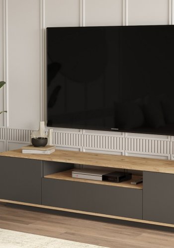 NORDVRK FR7 TV-bord, m. 3 drer og 1 hylle - naturlig og antrasittgr melamin (180x44,5)