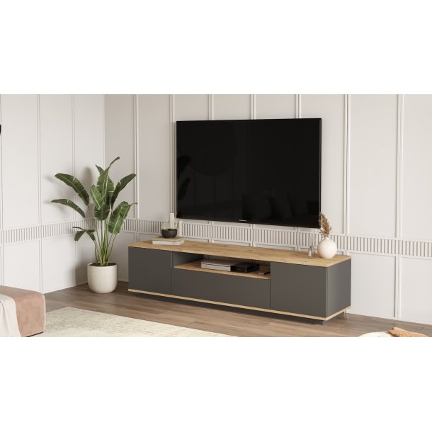 FR7 TV-bord, m. 3 l�ger og 1 hylde - natur og antracitgr� melamin (180x44,5)