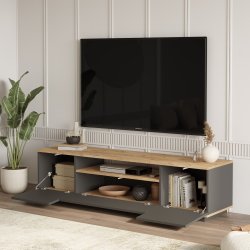 FR7 TV-bord, m. 3 l�ger og 1 hylde - natur og antracitgr� melamin (180x44,5)