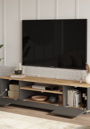 NORDVRK FR7 TV-bord, m. 3 drer og 1 hylle - naturlig og antrasittgr melamin (180x44,5)