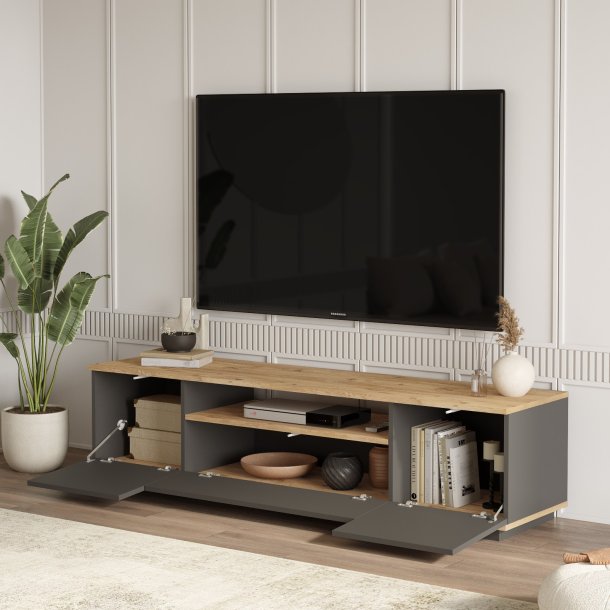 FR7 TV-bord, m. 3 l�ger og 1 hylde - natur og antracitgr� melamin (180x44,5)