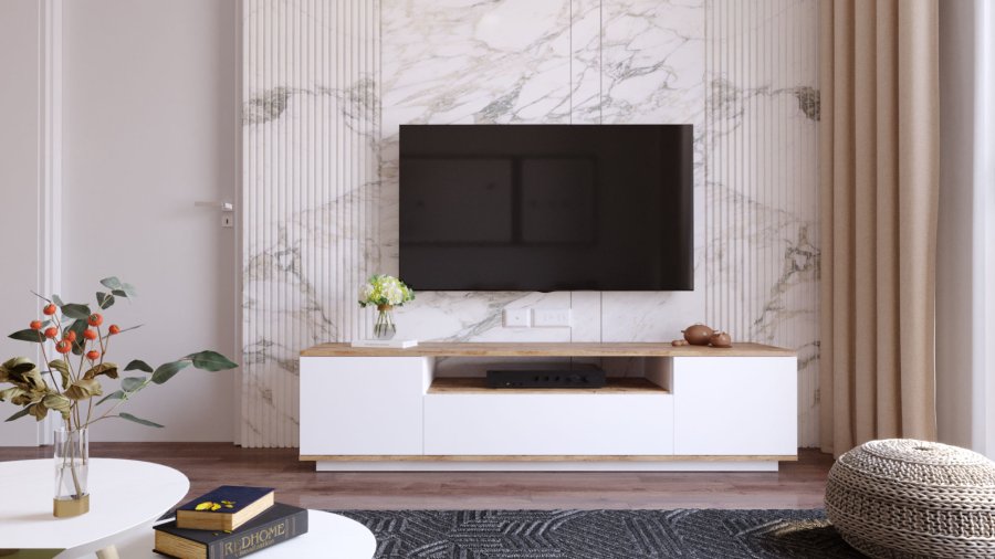 NORDVRK FR7 TV-bord, m. 3 drer og 1 hylle - naturlig og hvit melamin (180x44,5)