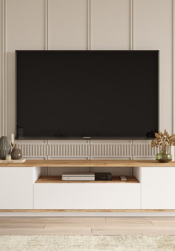 NORDVRK FR7 TV-bord, m. 3 drer og 1 hylle - naturlig og hvit melamin (180x44,5)