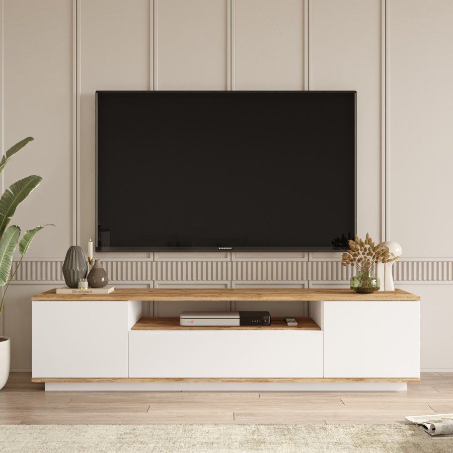 NORDVRK FR7 TV-bord, m. 3 drer og 1 hylle - naturlig og hvit melamin (180x44,5)