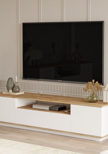 NORDVRK FR7 TV-bord, m. 3 drer og 1 hylle - naturlig og hvit melamin (180x44,5)