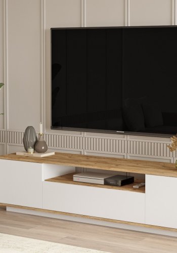 NORDVRK FR7 TV-bord, m. 3 drer og 1 hylle - naturlig og hvit melamin (180x44,5)