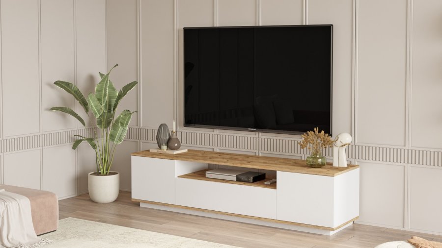 NORDVRK FR7 TV-bord, m. 3 drer og 1 hylle - naturlig og hvit melamin (180x44,5)