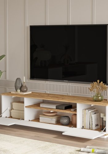 NORDVRK FR7 TV-bord, m. 3 drer og 1 hylle - naturlig og hvit melamin (180x44,5)