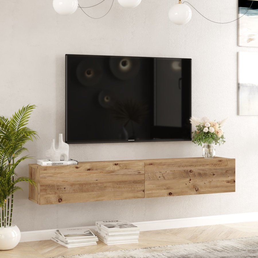 NORDV�RK Fr8 TV-bord, v�ggh�ngd, m. 2 d�rrar - Atlantic Pine melamin (180x31,6)