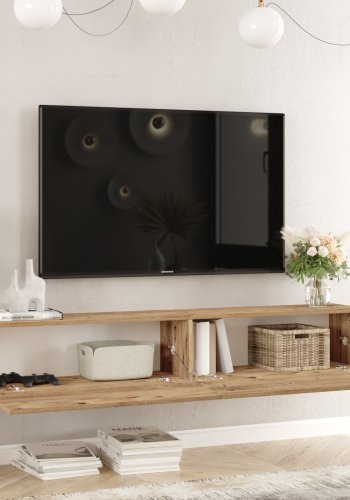 NORDV�RK Fr8 TV-bord, v�ggh�ngd, m. 2 d�rrar - Atlantic Pine melamin (180x31,6)