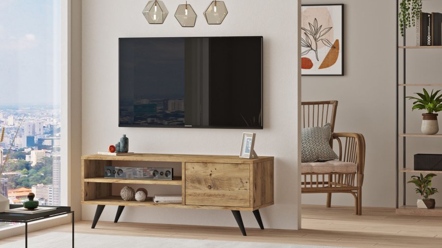 NORDVRK CD1 TV-bord, m. 1 dr og 1 hylle - naturlig melamin og tre (110x40)