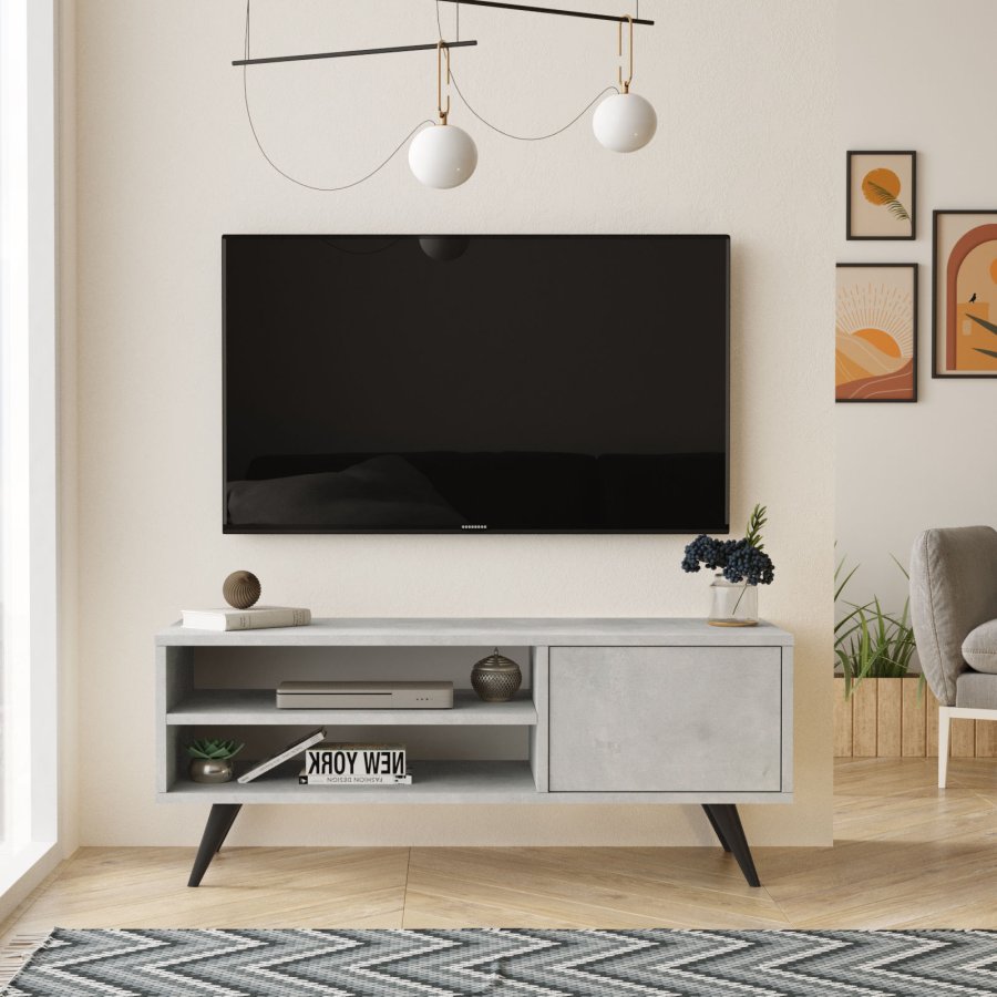 NORDVRK CD1 TV-bord, m. 1 dr og 1 hylle - steingr melamin og svart tre (110x40)