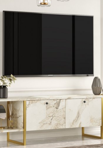 NORDVRK Vg30 TV-bord, m. 2 drer og 2 pne rom - hvit melamin og gullmetall (160x40)