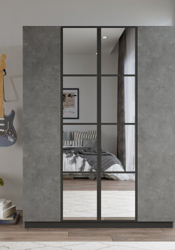 FUNZI LIVING HM2 Kleiderschrank, Spiegel, 4 Türen, 1 Kleiderstange, 9 Regale, 2 Schubladen - anthrazitgraues Melamin