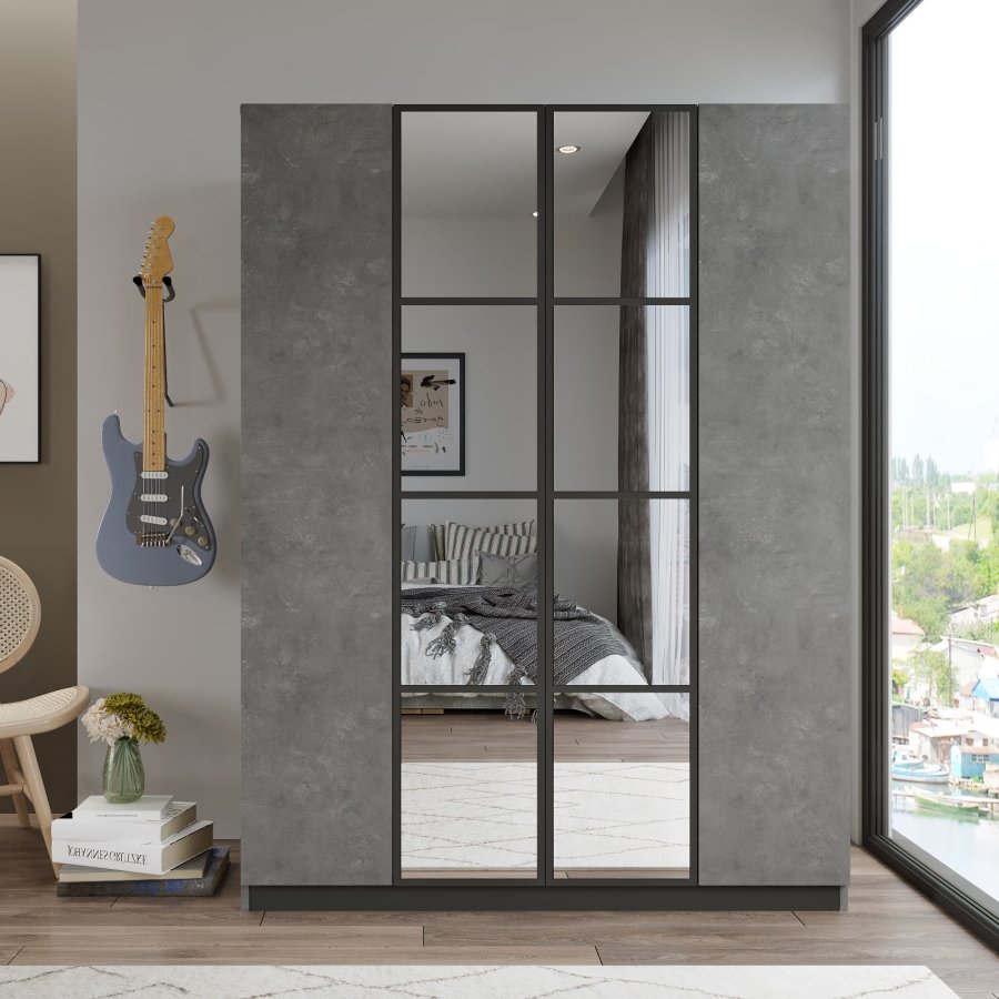 FUNZI LIVING HM2 Kleiderschrank, Spiegel, 4 Türen, 1 Kleiderstange, 9 Regale, 2 Schubladen - anthrazitgraues Melamin