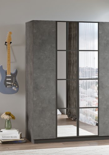 FUNZI LIVING HM2 Kleiderschrank, Spiegel, 4 Türen, 1 Kleiderstange, 9 Regale, 2 Schubladen - anthrazitgraues Melamin