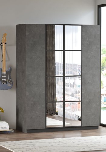 FUNZI LIVING HM2 Kleiderschrank, Spiegel, 4 Türen, 1 Kleiderstange, 9 Regale, 2 Schubladen - anthrazitgraues Melamin