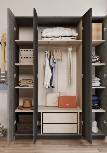 FUNZI LIVING HM2 Kleiderschrank, Spiegel, 4 Türen, 1 Kleiderstange, 9 Regale, 2 Schubladen - anthrazitgraues Melamin