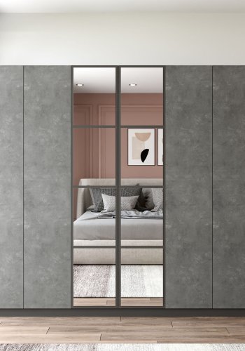 FUNZI LIVING HM3 Kleiderschrank, Spiegel, 6 Türen, 3 Kleiderstangen, 5 Regale, 2 Schubladen – Anthrazit-Melamin