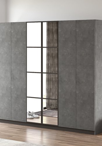 FUNZI LIVING HM3 Kleiderschrank, Spiegel, 6 Türen, 3 Kleiderstangen, 5 Regale, 2 Schubladen – Anthrazit-Melamin