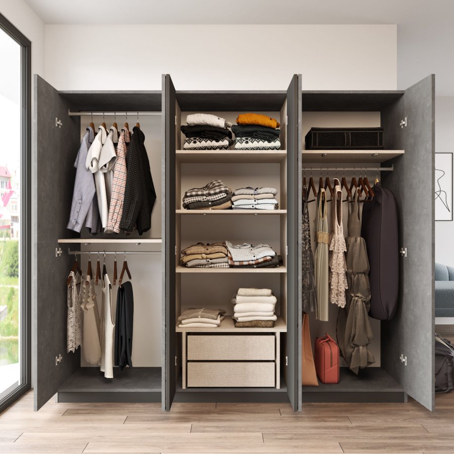 FUNZI LIVING HM3 Kleiderschrank, Spiegel, 6 Türen, 3 Kleiderstangen, 5 Regale, 2 Schubladen – Anthrazit-Melamin