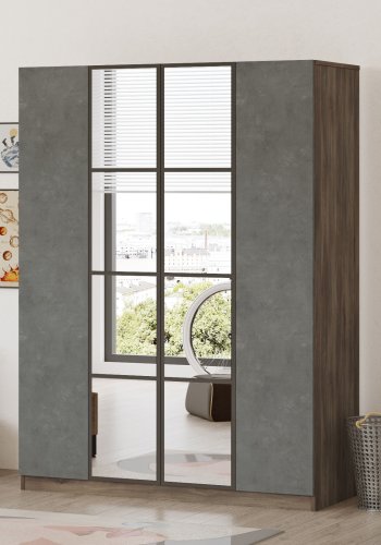 FUNZI LIVING HM2 garderobeskab, m. spejl, 4 lger, 1 bjlestang, 9 hylder, 2 skuffer - brun/gr melamin